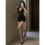 Women Sexy Halter Backless Slim V-neck Wrap Black Party Night Mini Dress