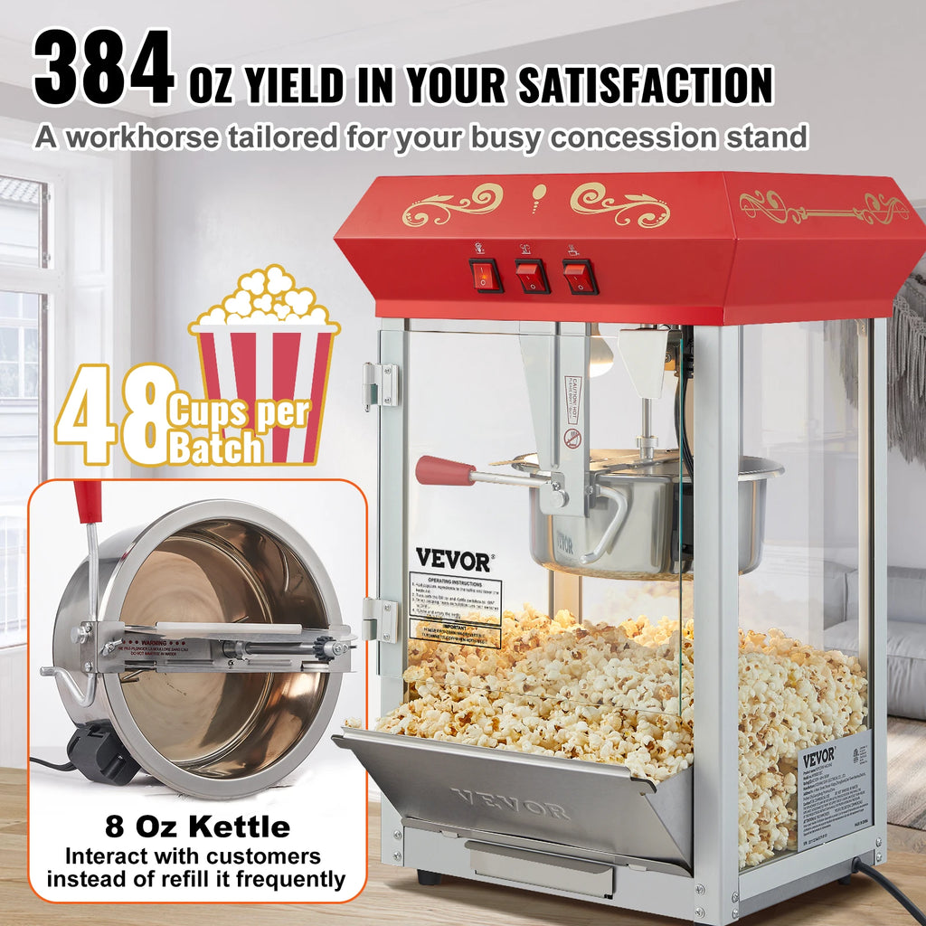 SucceBuy 8 Oz Popcorn Maker Popcorn Popper Machine Kettle Makes 48 Cups per Batch Countertop Popcorn Maker with Tempered Glass