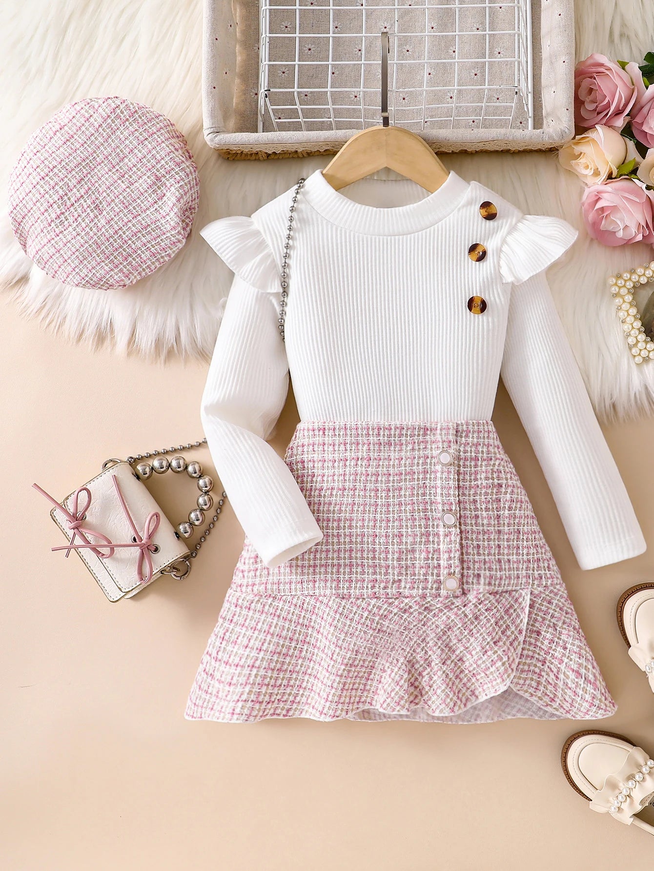 2-Piece Set for Girls: Spring and Autumn Thin Skirt Set, Children's Comfortable and Soft Simple Solid Color Round Neck Pullover Knit Top with Button Decoration + Plaid Print Button-Decorated Asymmetrical Hem Short Skirt Set.