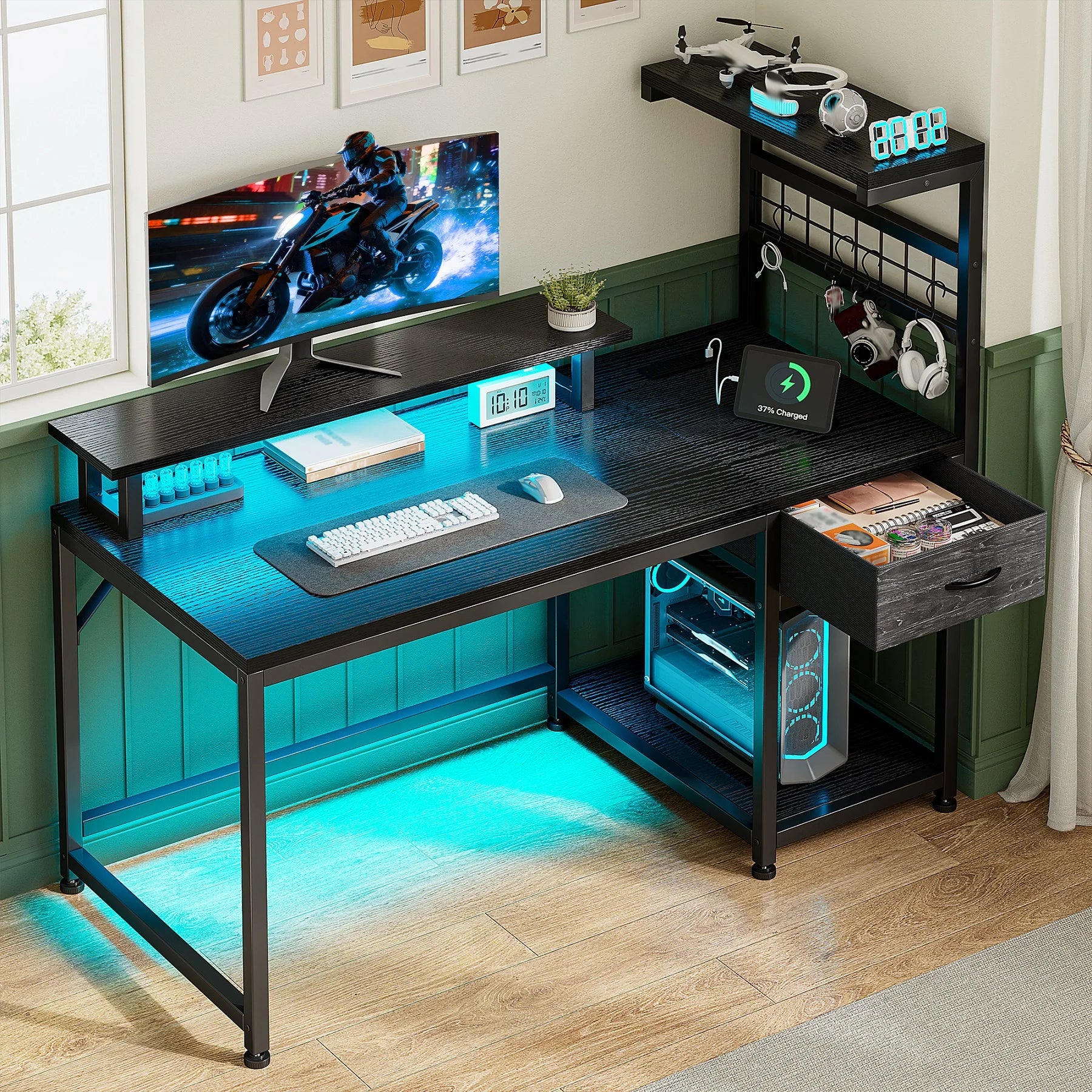 EnHomee 40"Gaming Computer Desk with Power Outlets RGB LED Lights Office Desk with Drawer Storage Shelves Monitor Stand For Small Space