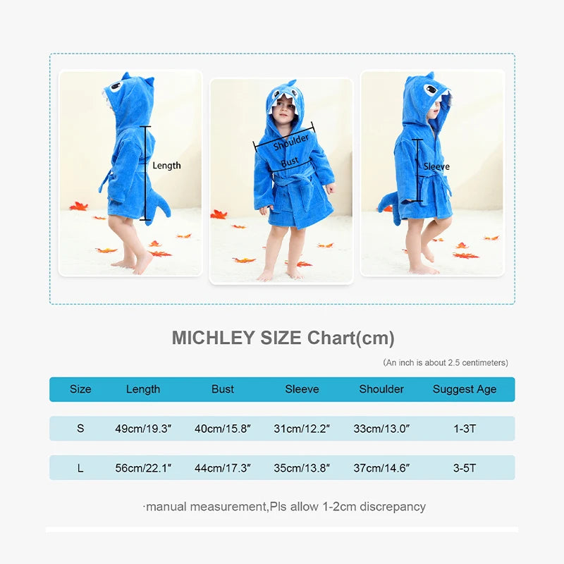 MICHLEY Shark Dinosaur Hooded Baby Bathrobe Cotton Soft Infant Bath Towel Robe Pajamas Solid For Kids Boy Girl Children 1-5T