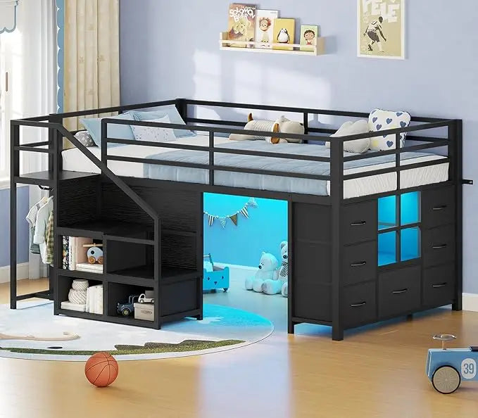 Low Loft Bed Twin Size with Stairs, LED Lights, 7 Drawers & Storage for Kids, Black