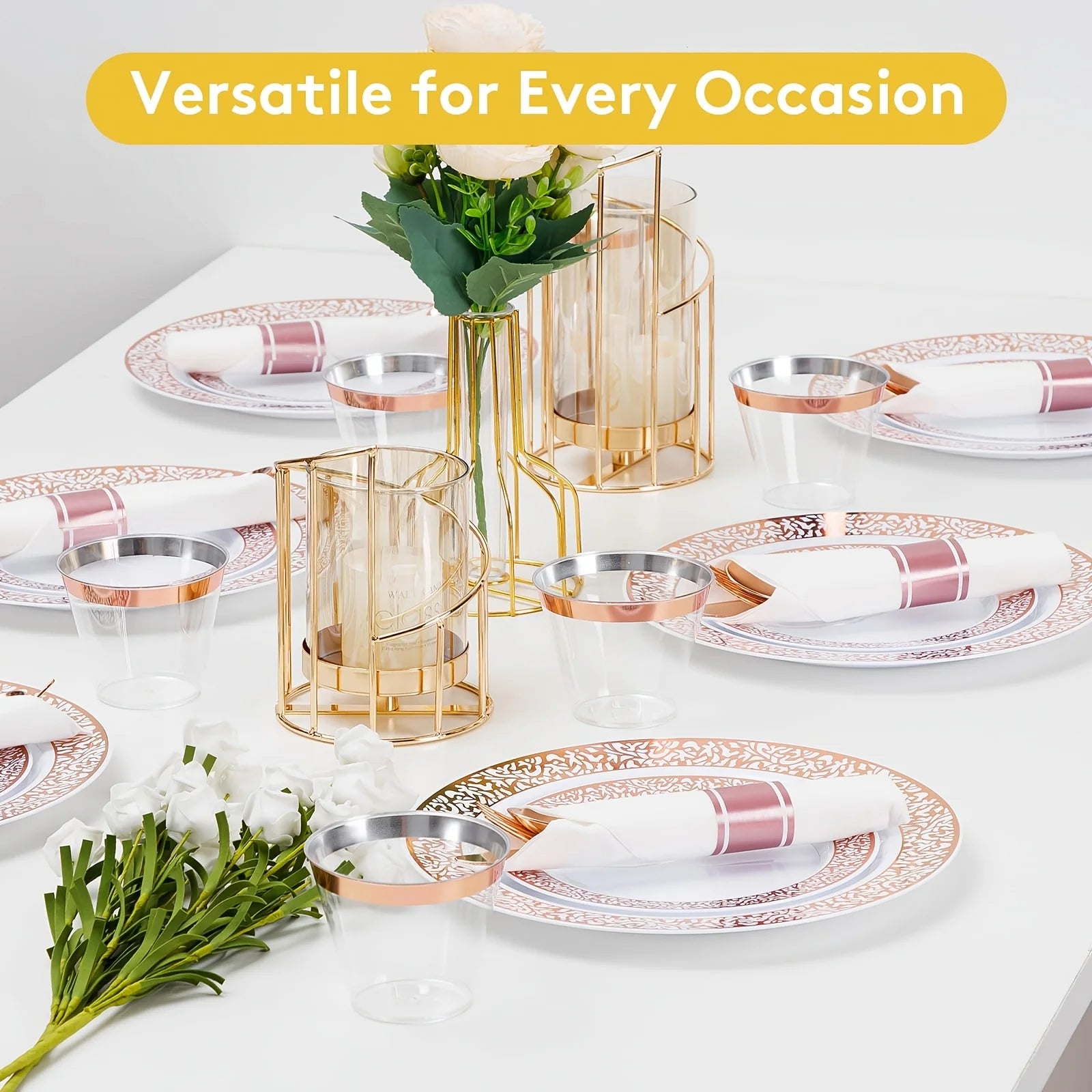 350pcs Rose Golden Plastic Dinnerware Set for 50 Guests, DISPOSABLE Lace Plates for Party, Include: 50 Rose Golden Party Plates, 50 Dessert Plates, 50 Pre Napkins with Silverware, 50 Cups