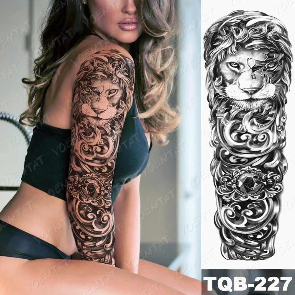 Large Arm Sleeve Tattoo Gun Rose Lion Waterproof Temporary Tattoo Sticker Clock Flower Waist Leg Body Art Full Fake Tatoo Women
