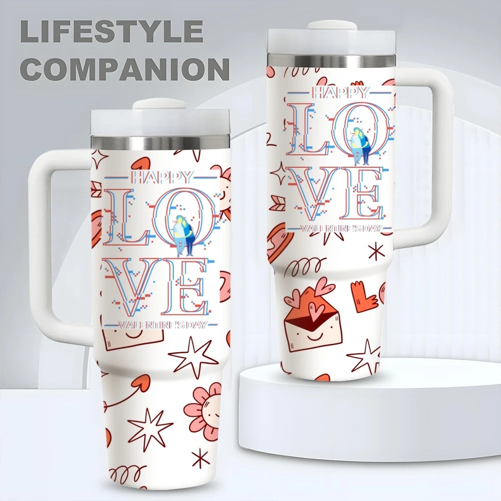 Happy Love Valentine's Day Vacuum Flasks 40oz Stainless Steel Vacuum Insulated Tumbler with Straw Leak Resistant Travel Mug