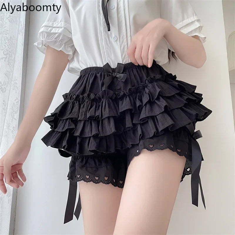 Japanese Summer Women Lolita Shorts High Waist Black White Bow Layered Ruffles Bloomers Cute Kawaii Hollow Out Ball Gown Shorts