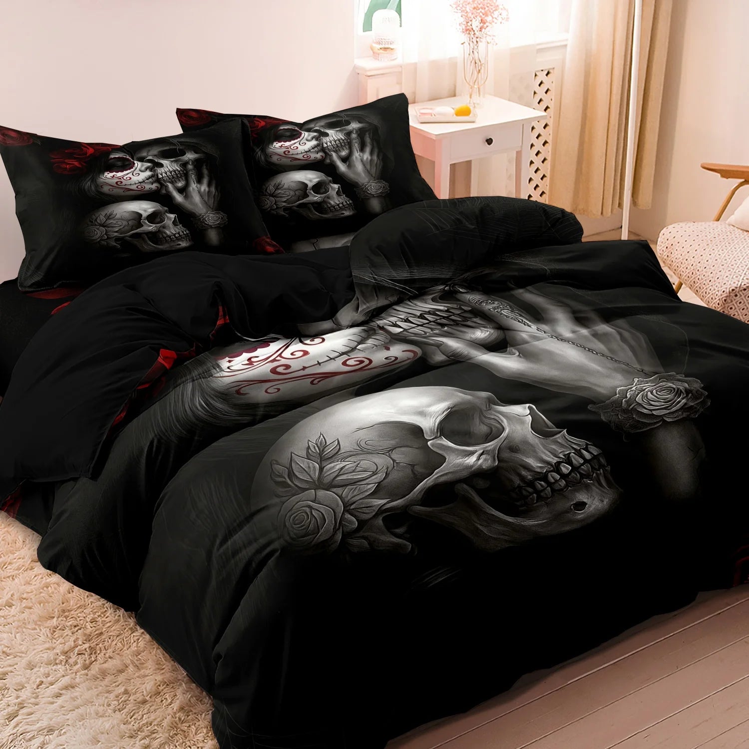 3Pcs Gothic Mexican Sugar Skull Woman Duvet Cover Bedding Set Floral & Skull Patterns - Ideal For Day Of The Dead Celebrations