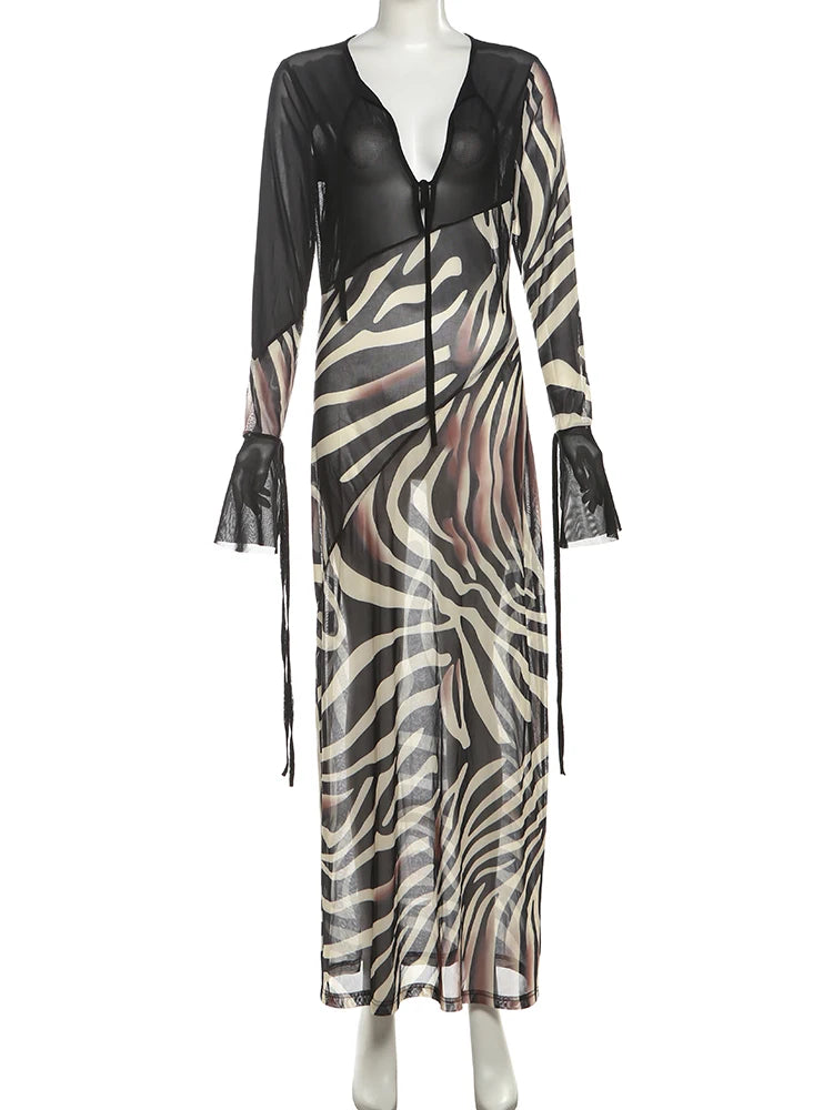 kliou Patchwork Stunning Women Maxi Dress Sexy Hot Sheer Low Neck Full Sleeve Straight Bodycon Female Popular Party Long Robe