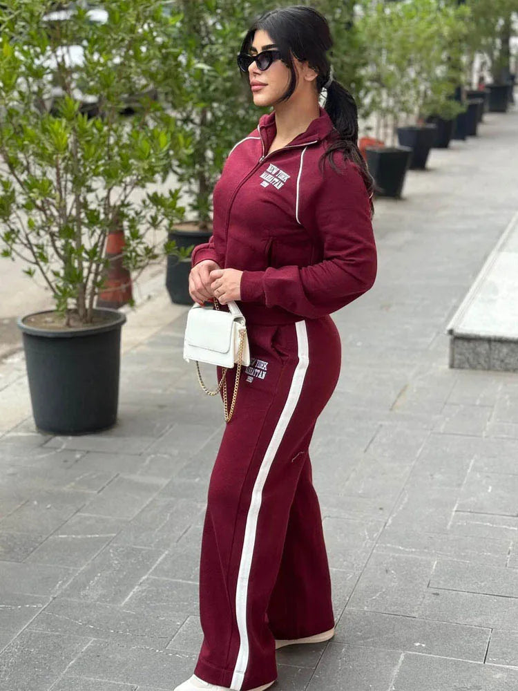 HH Women's Pant 2-Piece Set Female Fashion Versatile Printed Velvet Zip Jacket+Commuting Elastic Waist Belted Casual Pants