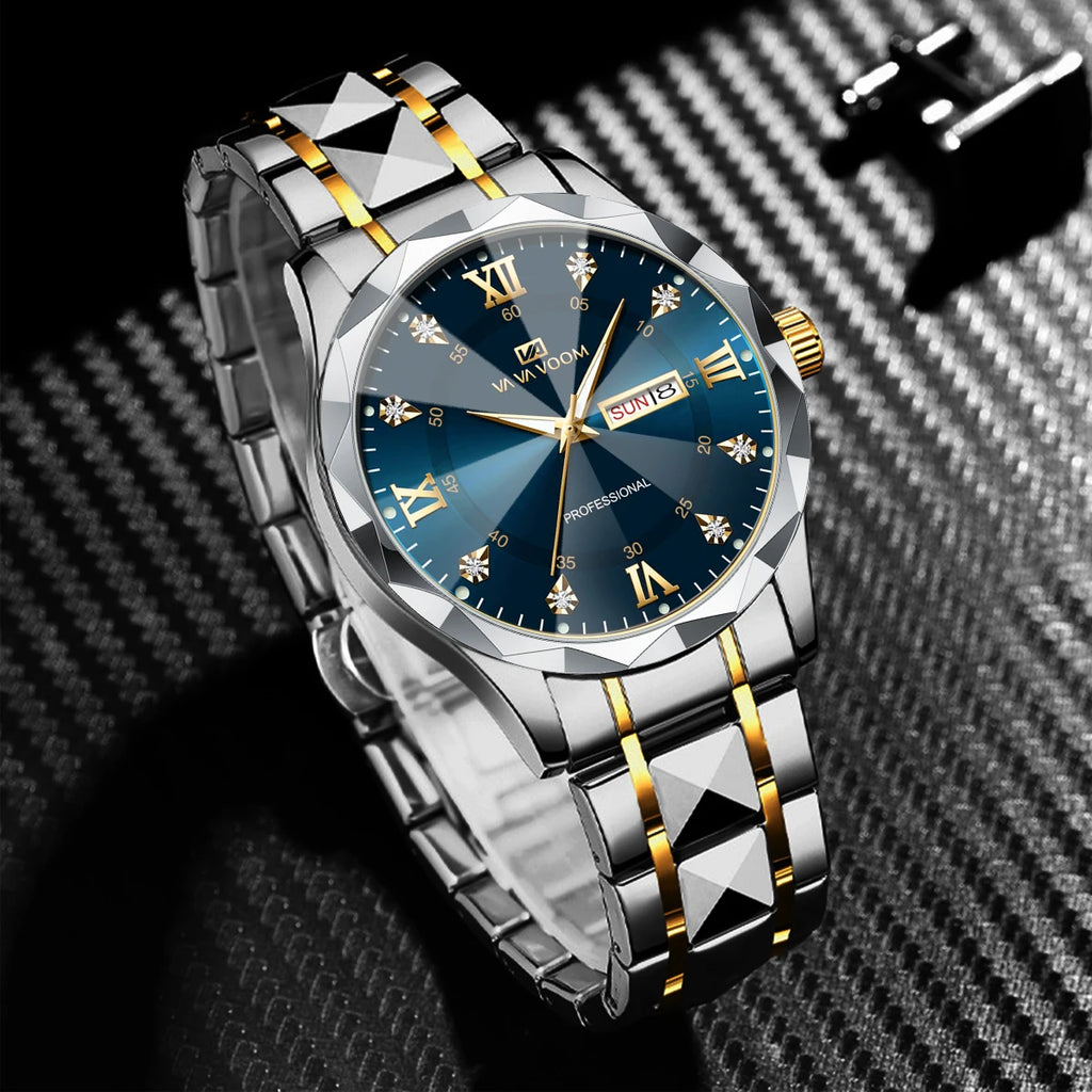 2024 New Men's Watch Fashion Rivet Stainless Steel Strap Luxury Water Diamond Diamond Luminous Blue Gold Dial Business Men Watch