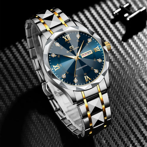 2024 New Men's Watch Fashion Rivet Stainless Steel Strap Luxury Water Diamond Diamond Luminous Blue Gold Dial Business Men Watch
