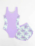 Sweet & Cool Two-piece Swimsuit for Girls, Gradient Pink & Purple with Cartoon Idol Print, Tank Top Style Swimwear with Shorts,
