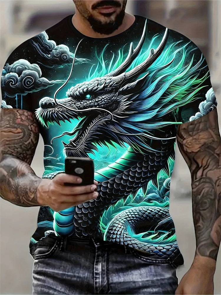 2025 New Men's 3D Dragon Print T-shirt Casual Short-sleeved Pullover Polyester Round-neck Summer Outdoor Clothing Adult Size