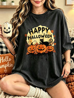 Happy Halloween Pumpkins Printed Washed T-Shirts Womens Cotton Short Sleeve Tops Casual O-Neck Oversized T Shirt Summer Clothes