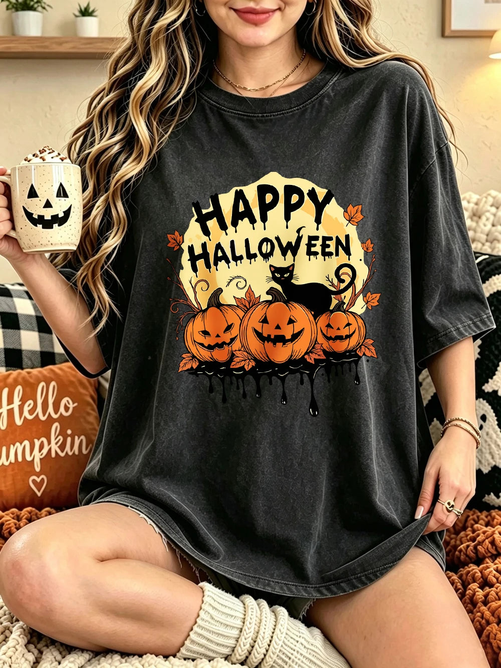 Happy Halloween Pumpkins Printed Washed T-Shirts Womens Cotton Short Sleeve Tops Casual O-Neck Oversized T Shirt Summer Clothes