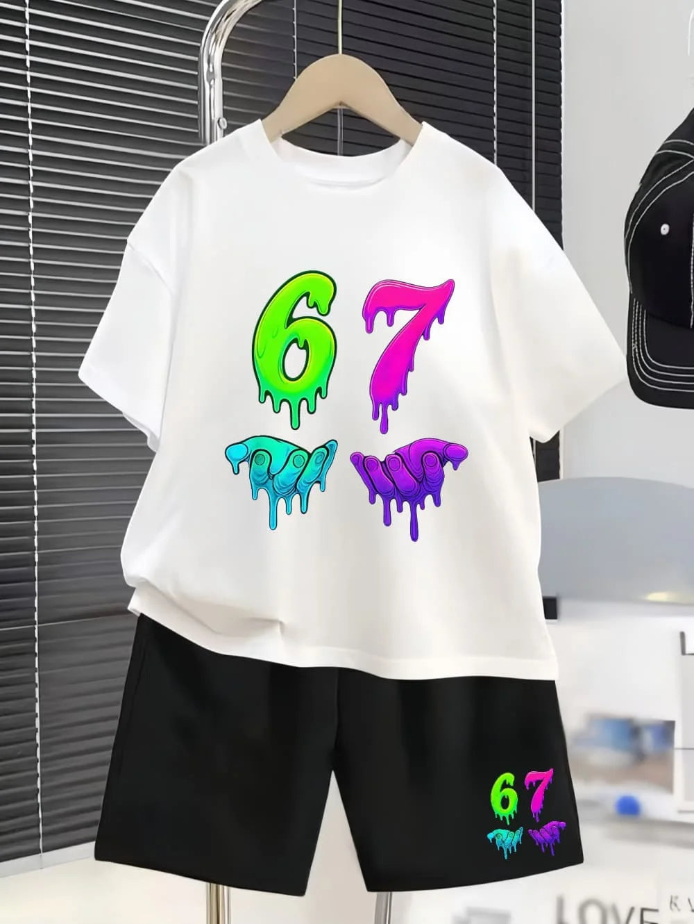 2026 Summer Boys Two-Piece Set Funny 67 Meme Digital Print T-Shirt + Pants Set Casual Street Style Outfit Fashion Kids Clothes