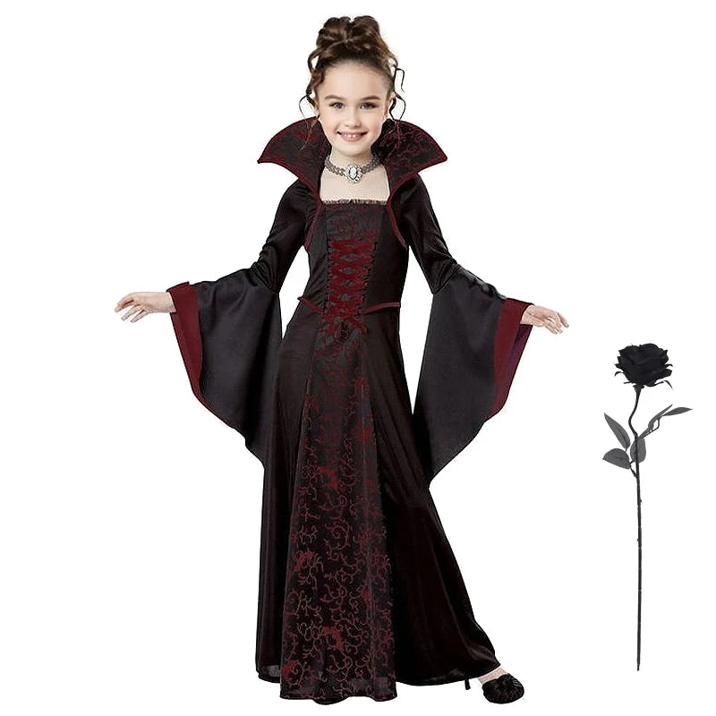 Halloween Costume Girl Fancy Skeleton Rose Print Dress Halloween Ghost Bride Vampire Cosplay Dress Kids Carnival Party Clothes