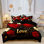 3Pcs Red Rose Heart Letter Love Print Bedding Set Included 1 Duvet Cover & 2 Pillowcases For All-Season Home Hotel Dorm Decor