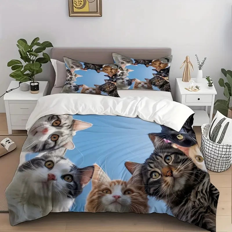Cute Cat 3pcs Duvet Cover Set, 3D Digital Printed Duvet Cover, Soft Comfortable Breathable Bedding Set for Bedroom, Dorm