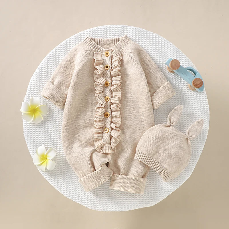 Infant Baby Rompers Knit Newborn Girl Boy Jumpsuit Long Sleeve Autumn Toddler Child Clothes Hat 0-18M Fashion Solid 2PC Overalls