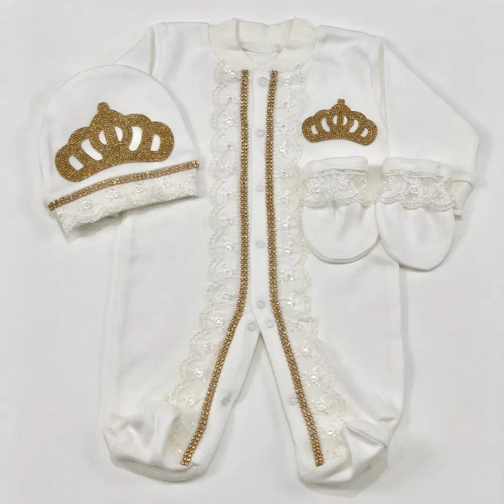 Baby Girl Coming Home Outfits Set Personalized Name Jewelry Crown Clothing Vintage Croche Infant Care Products Body Suit Pajamas