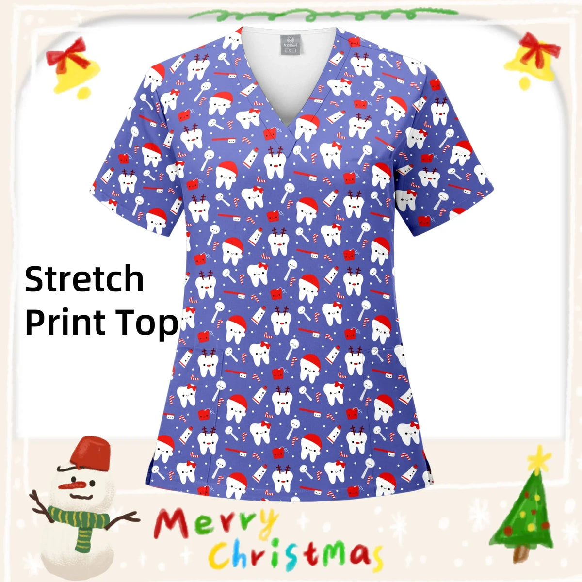 Christmas Print Surgery Top Women with Pocket V-Neck Scrub Uniform Spa Caring T-Shirt Pet Grooming Surgical Nurse Scrubs Uniform