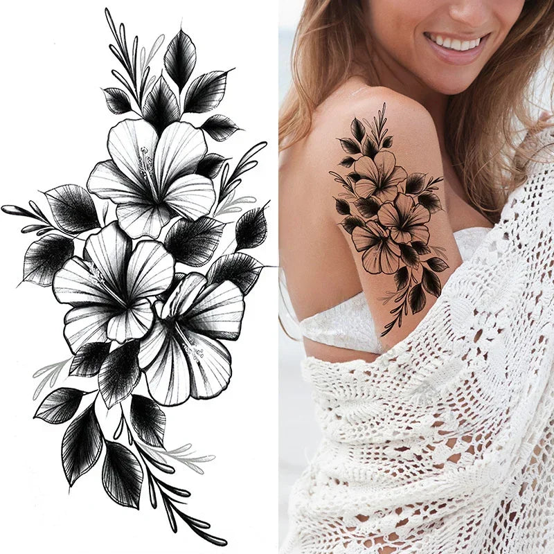 Women Sexy Temporary Tattoo Stickers Black Roses Pattern Full Flower Design Used for Arm Body Art Big Large Fake Tattoo Stickers