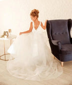 White Flower Girl Dress Princess Flower Girl Dresses White Communion Kid Satin Corest  Toddler Tiered Train Ball Gown