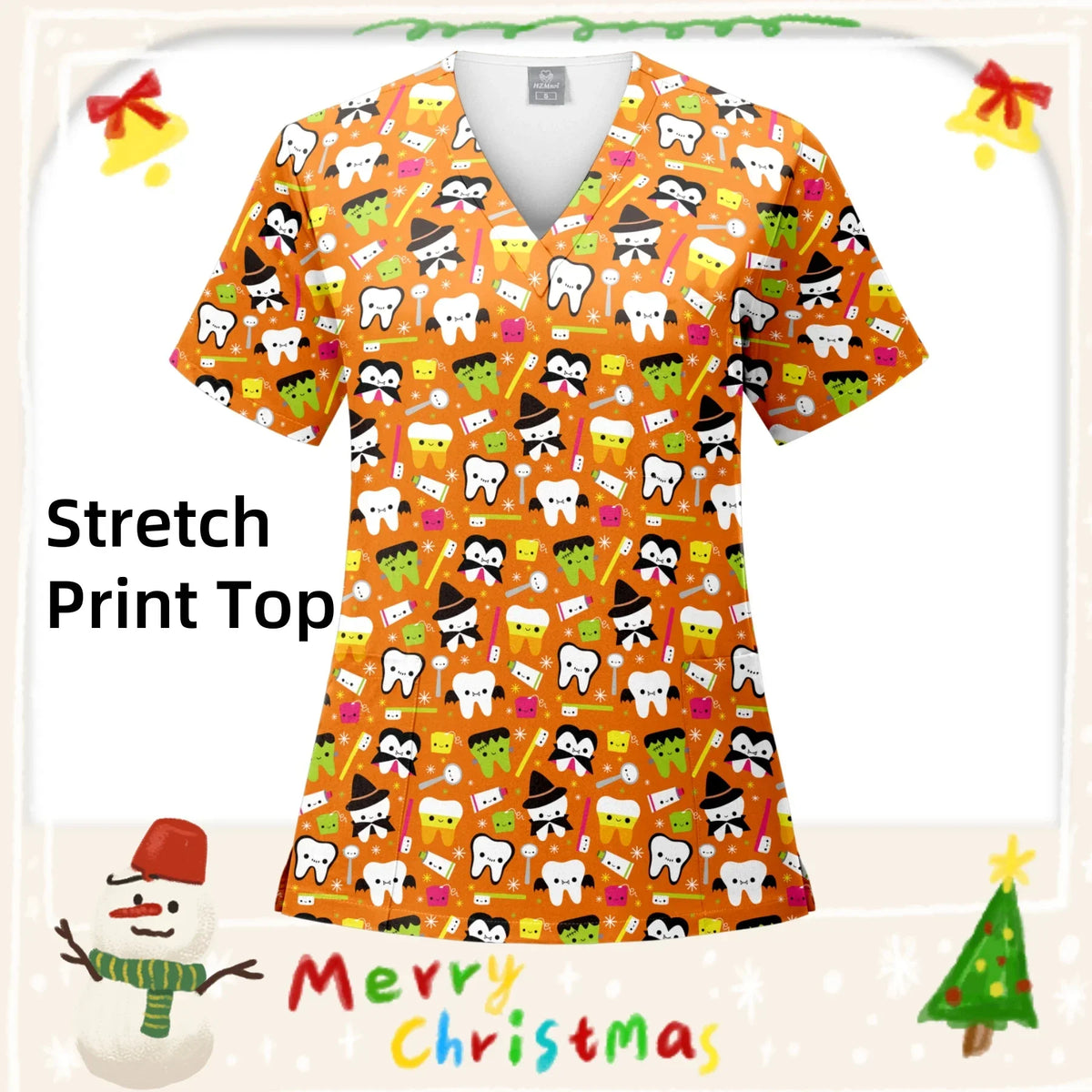 Christmas Print Surgery Top Women with Pocket V-Neck Scrub Uniform Spa Caring T-Shirt Pet Grooming Surgical Nurse Scrubs Uniform