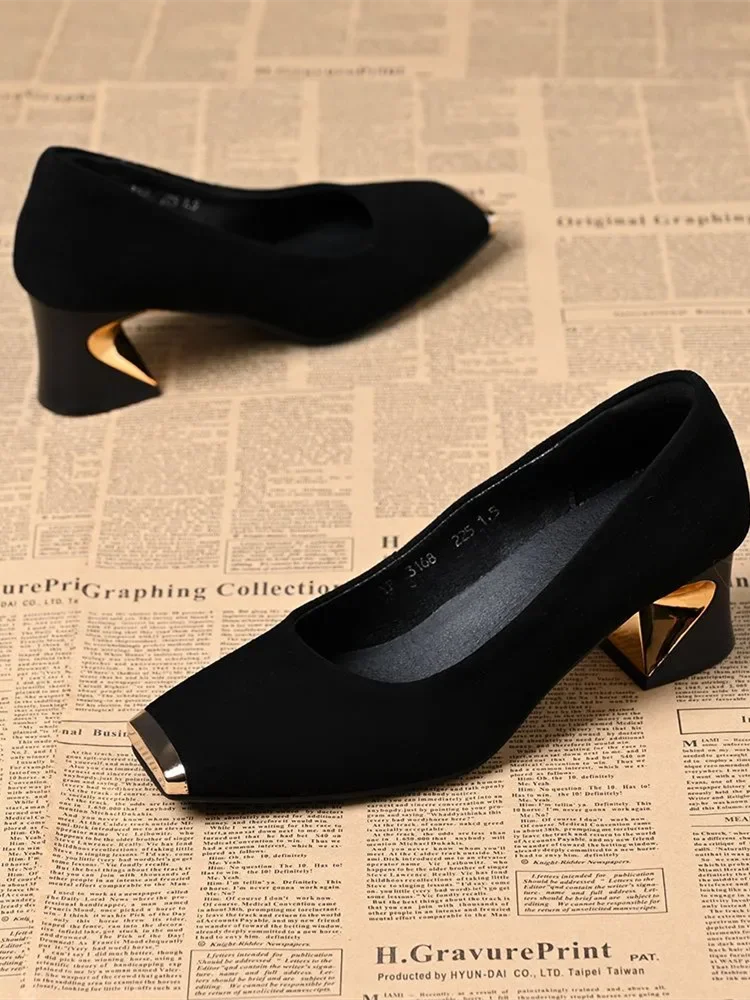 zapatos de mujer women fashion black suede round toe comfort spring & summer square heel shoes for office work lady pumps a535