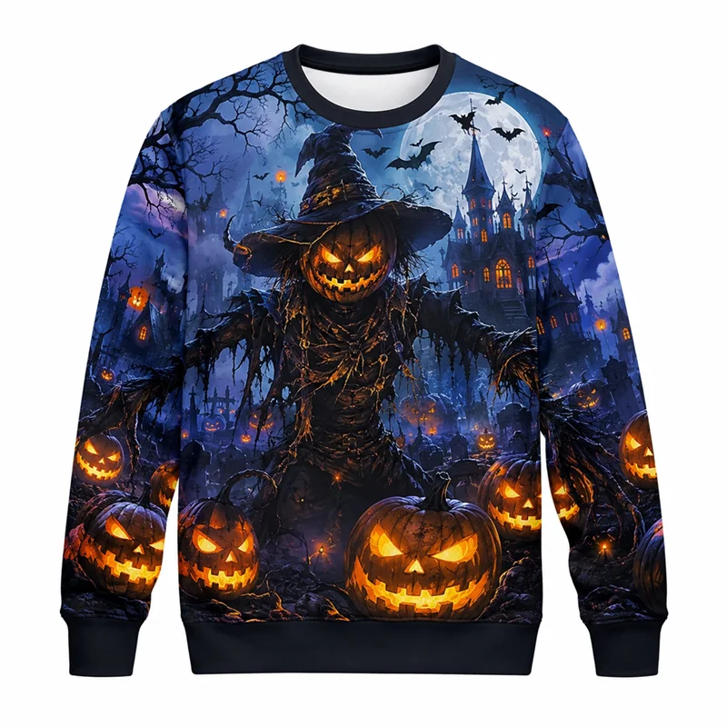 2026 New Pumpkin Skeleton Graphic Halloween Sweatshirts Fashion Holiday Wear Unisex Crew Neck Sweater Loose Streetwear Pullovers