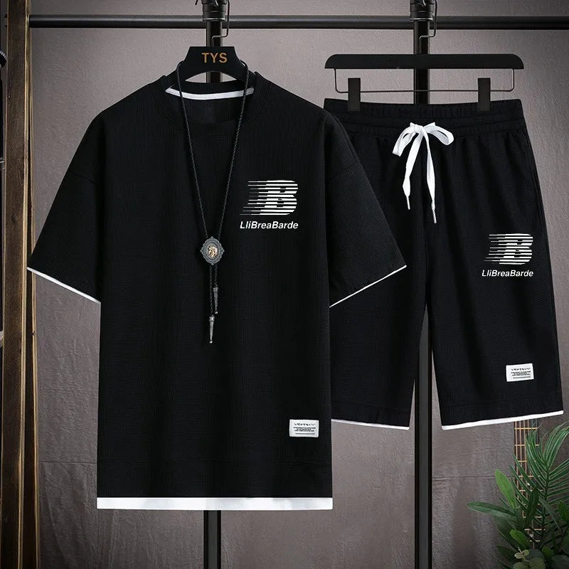 New Trends Men's 2026 Summer Sports Set Fashion Casual T-shirt and Shorts Set Waffle Short Sleeve Shorts Two Piece Sports Set
