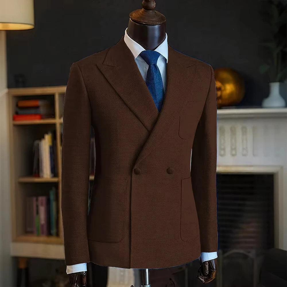 Luxury Men's Classic Suit Blazer Linen Double Breasted Notch Lapel Formal Groom Wedding Dress Jacket Lightweight Sport Coat