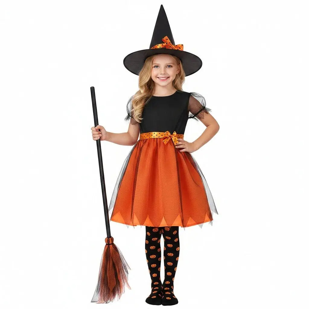 2026 Girls Halloween Cosplay Pumpkin Clothes Witch With Hat Costume Carnival Party Cosplay Dress Clothes Infant Costume