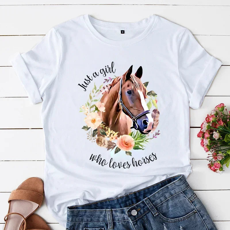 Just A Girl Love Horse Print Women T Shirt Short Sleeve O Neck Women Tshirt Flowar Horse Ladies Tee Shirt Tops Camisetas Mujer