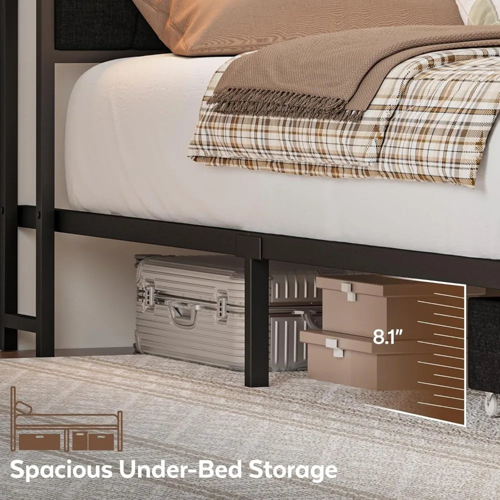 Queen Corner Bed Frame with Storage Drawers, LED Lights & Charging Station, Upholstered Metal Platform Daybed