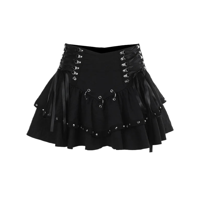Halloween Dark Gothic Skirt Women Vintage Streetwear Y2k Cyberpunk Chain Cross Lace-up Corset Skirt Harajuku Cake Skirt