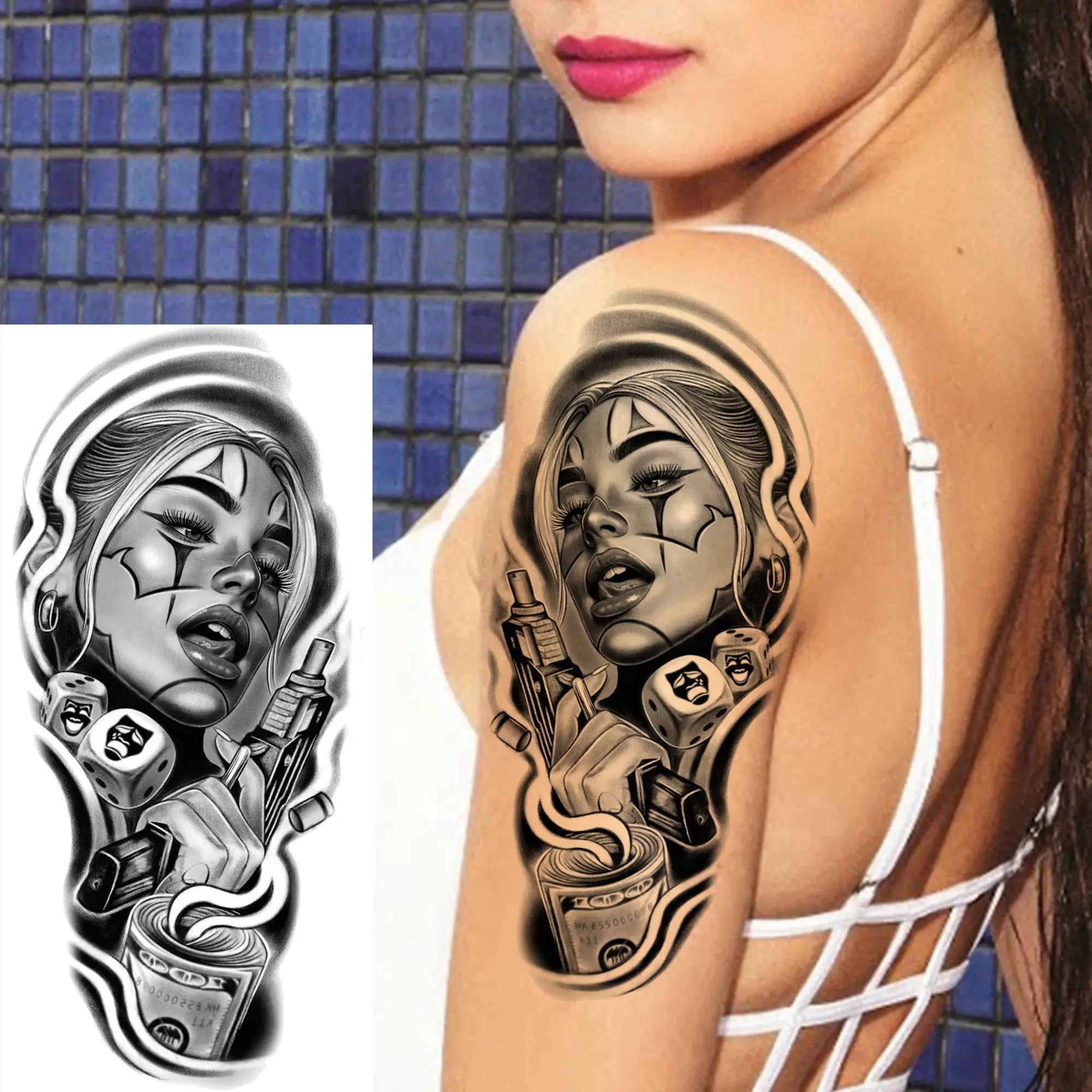 1 Sheet Bad Guy Robber Poker Temporary Tattoos For Men Women Gangster Joker Rebel Waterproof Realistic Fake Tattoo Arm Stickers