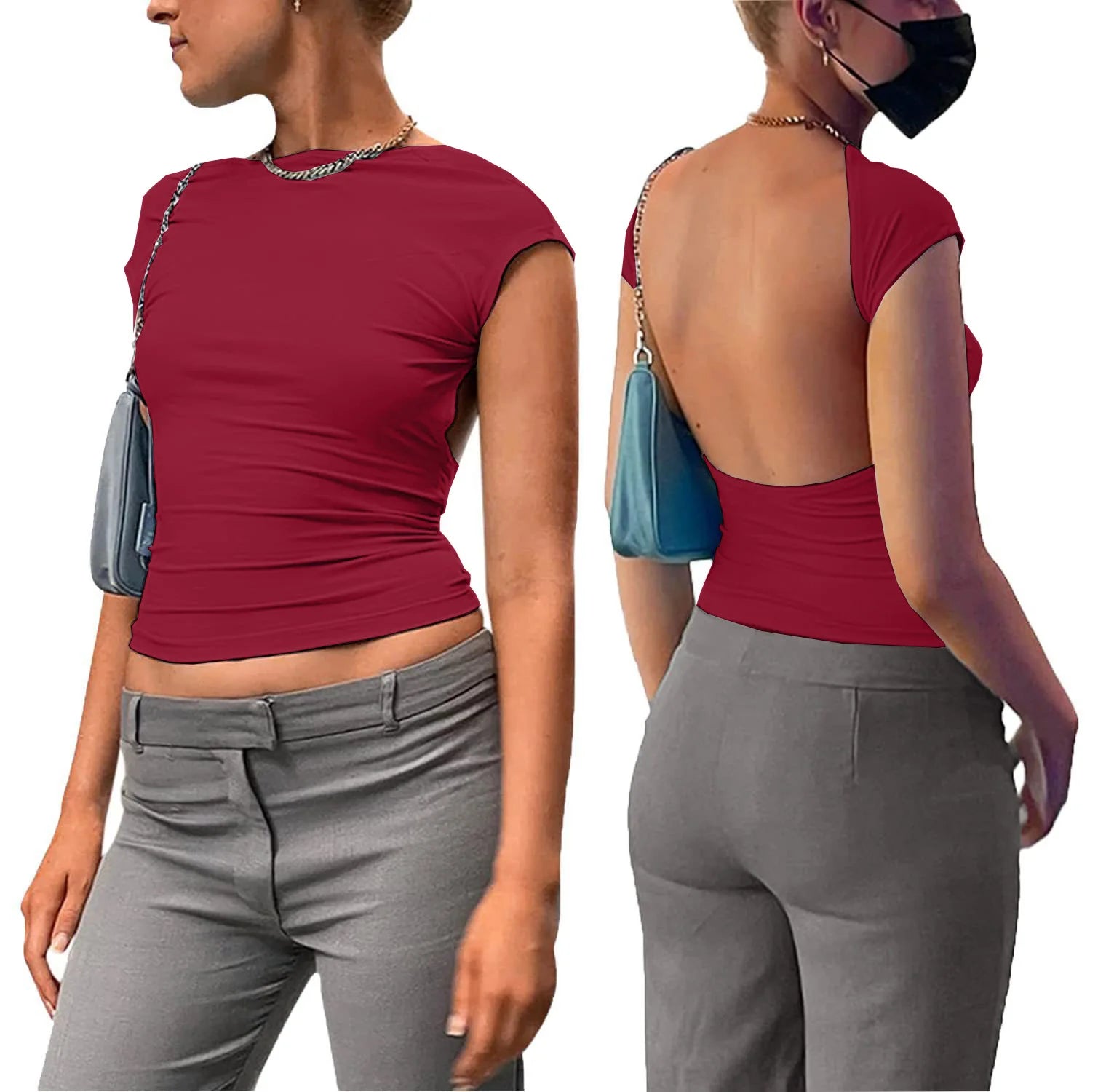 Y2K Womens Sexy O-Neck short Sleeve Bodycon T Shirt Fashion Casual Solid Streetwear T Shirt 2023 Club party Backless T Shirt