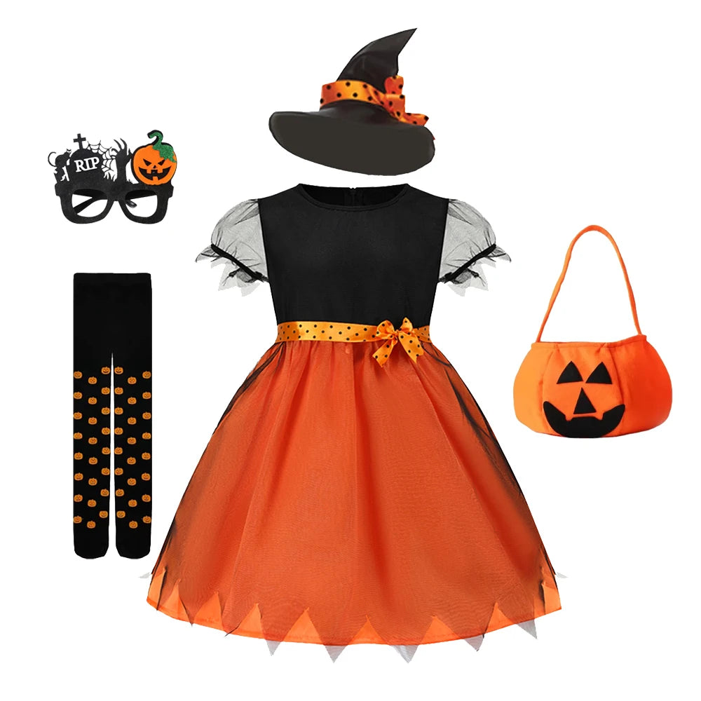 2026 Girls Halloween Cosplay Pumpkin Clothes Witch With Hat Costume Carnival Party Cosplay Dress Clothes Infant Costume