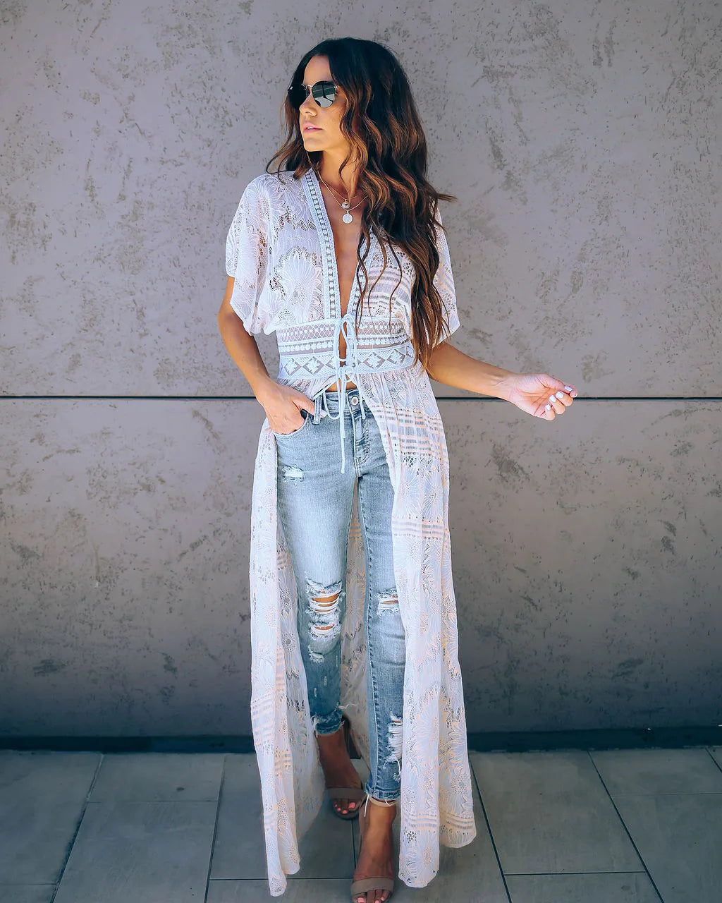 TEELYNN Sexy Deep V neck White Lace Dresses Women Robe Kimno Kaftan 2023 Vintage Summer Bikini Cover Up Boho Beach Wear Vestidos