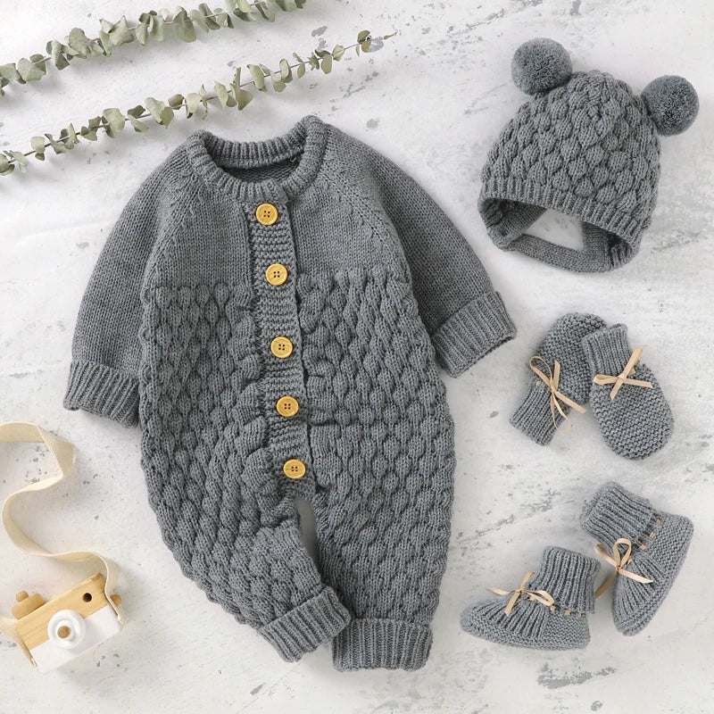 Newborn Baby Romper Shoes Gloves Set Knit Girl Boy Jumpsuit Boot Mitten Solid Toddler Infant Long Sleeve Clothing 4PC Fall 0-18M