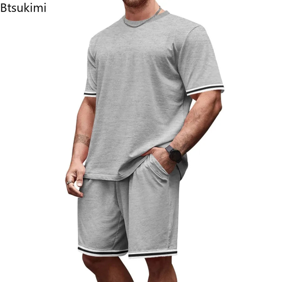 2026 Men's Summer Tracksuit Solid Loose Casual Round Neck Short Sleeve T-shirts Shorts Two Piece Sets for Men Gym Clothing Sets