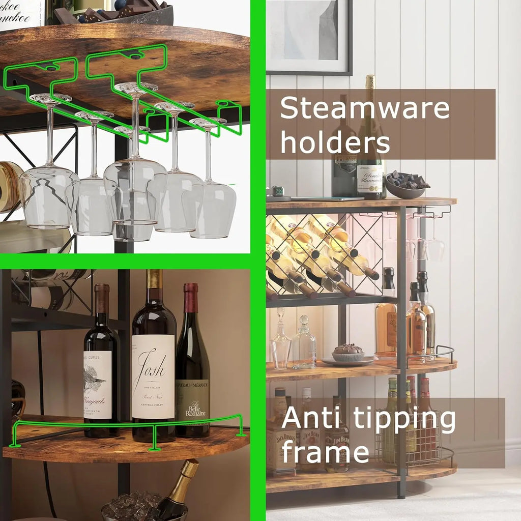 Wine Cabinet Bar Cart Table with Power Socket and LED Light, Three Tiers Coffee Bar Table Wine Rack Liqour Bar with, Customized