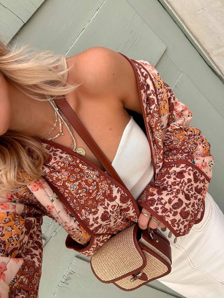 2025 New Autumn Vintage Print Patchwork Cotton Woman Coats Casual Loose Full Sleeve Short Jackets Winter Female Outerwear