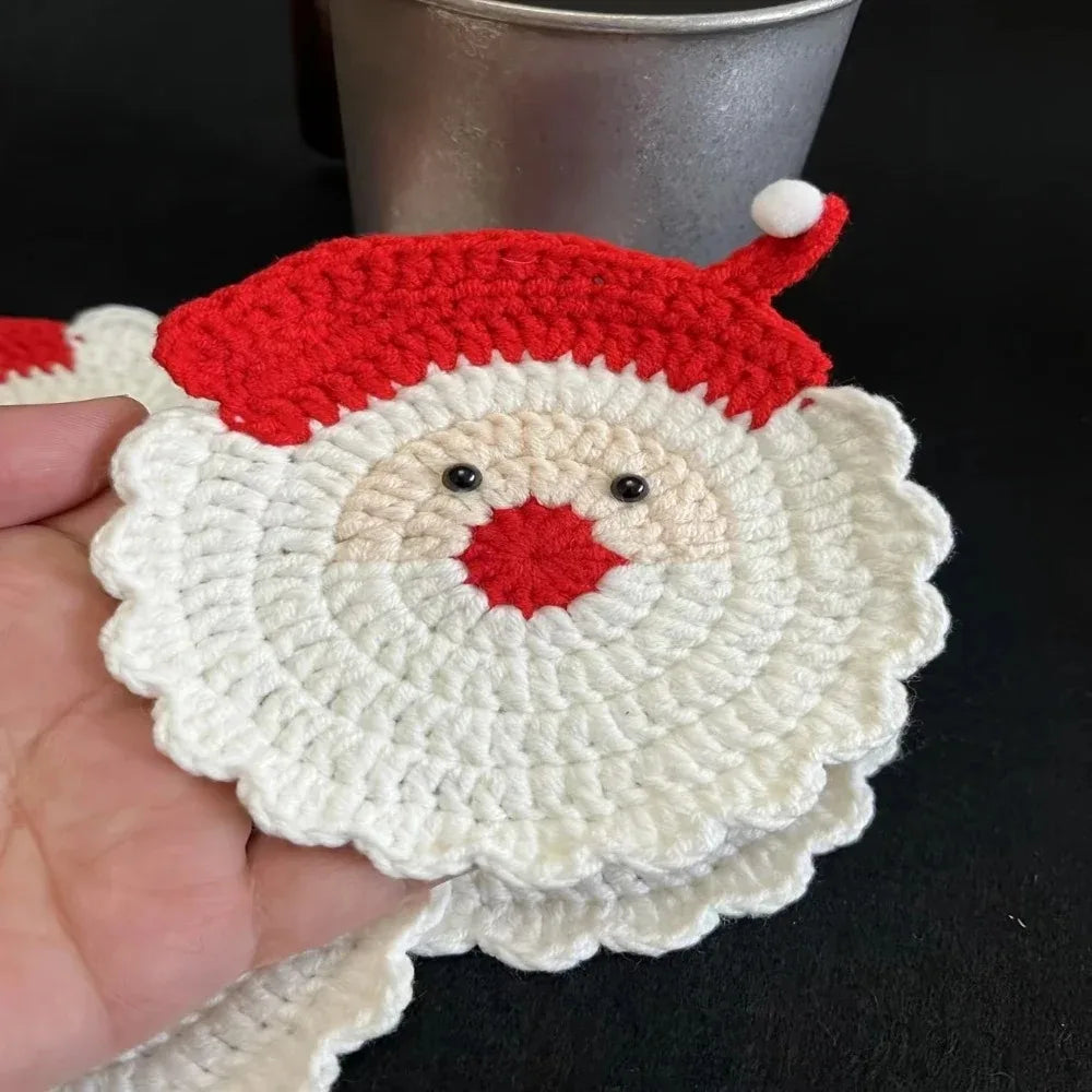 Christmas Santa Coasters Handmade Crochet Mug Mats Set Holiday Table Decoration Gift for Her Christmas Decorations for Home