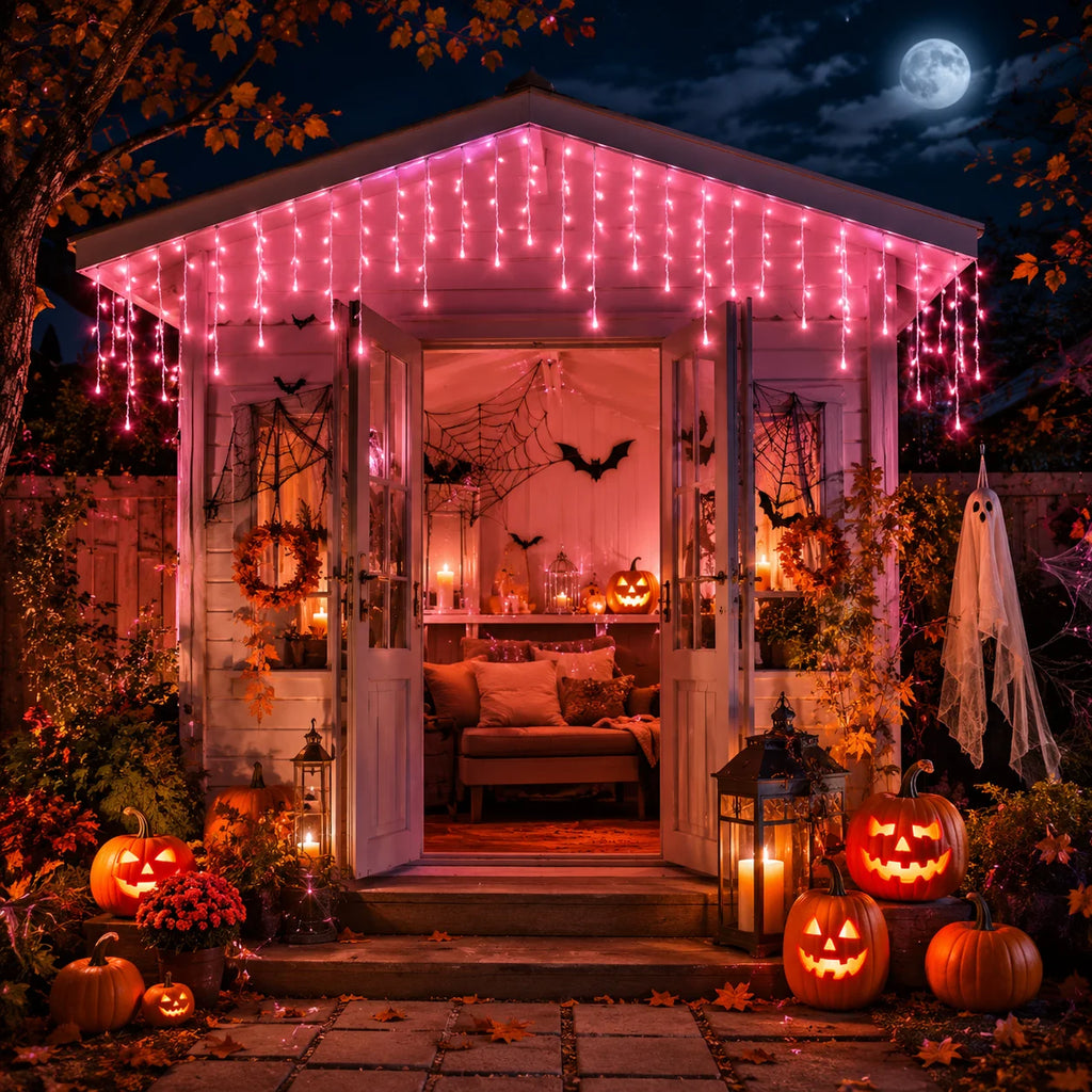 Halloween Lights USB Pink Icicle String Lights 6M 100LED/10M 200LED 8 Modes for Roof Eaves Window Porch Haunted House Decor