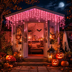 Halloween Lights USB Pink Icicle String Lights 6M 100LED/10M 200LED 8 Modes for Roof Eaves Window Porch Haunted House Decor