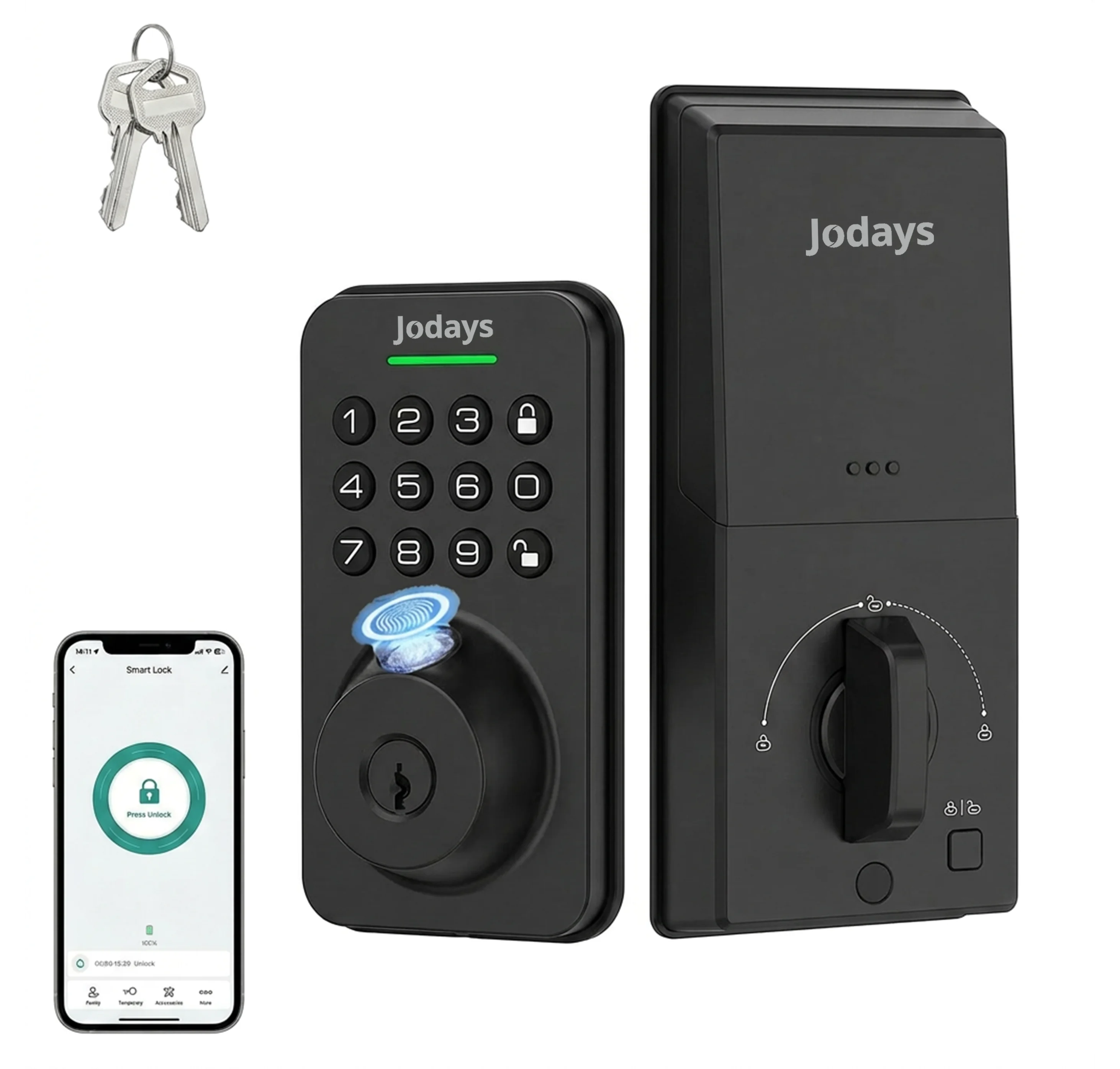 Jodays Smart Deadbolt Lock with Fingerprint & Keypad, Keyless Entry Door Lock with App Control, Temporary and One-Time Password, Auto Lock & Anti-Peep Passcode, Powered by 4pcs AA Alkaline Batteries (No Included), Easy Instal