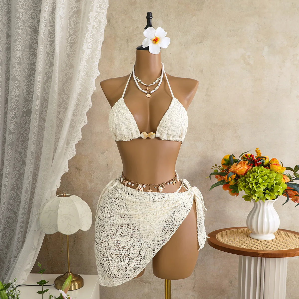 Women 3 Piece Floral Embroidered Bikini Set Halter Triangle Top with Shell Decor and Mesh Sarong Cover Up, 4 Colors Available
